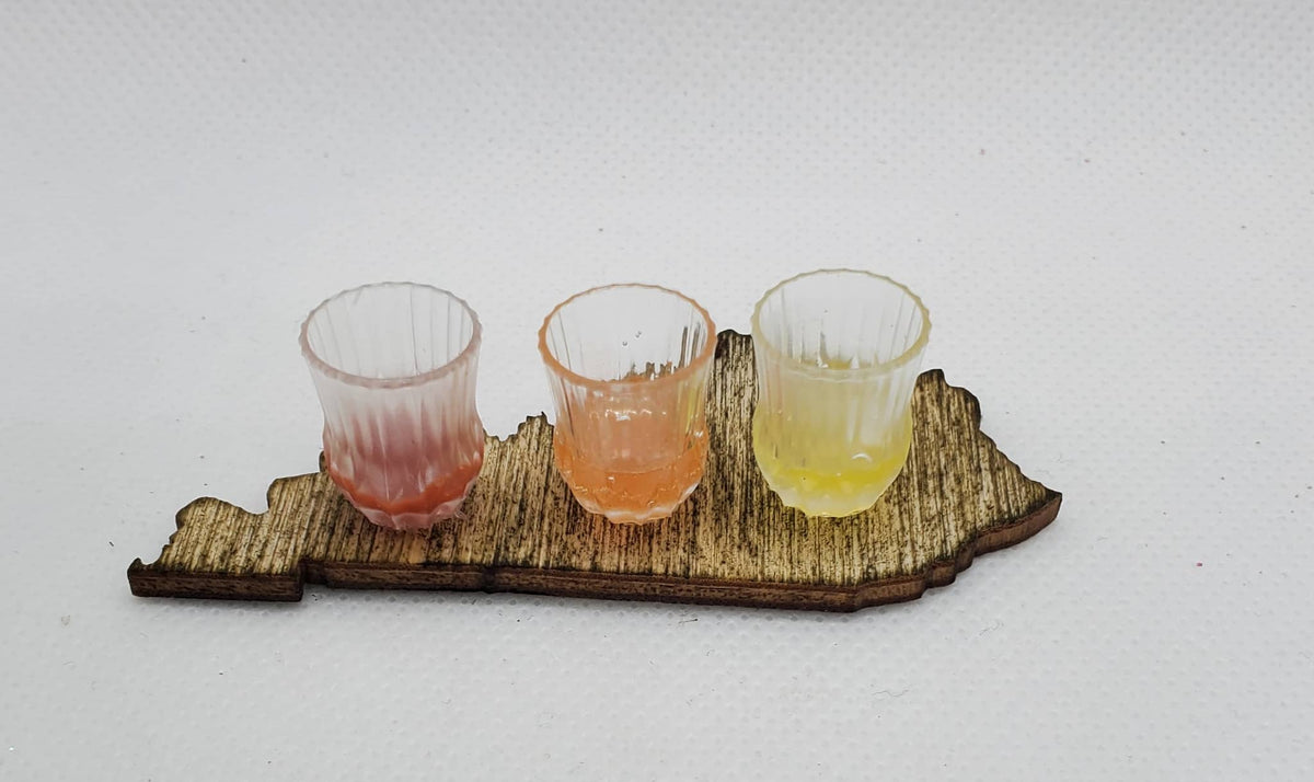 Chef Gina's Mini Food 1:6 scale Kentucky whiskey set with three miniature whiskey glasses on a wooden Kentucky-shaped tray
