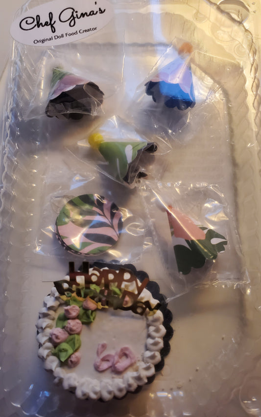 Chef Ginas mini food 60th birthday doll party set with small decorated cake and doll-sized party hats