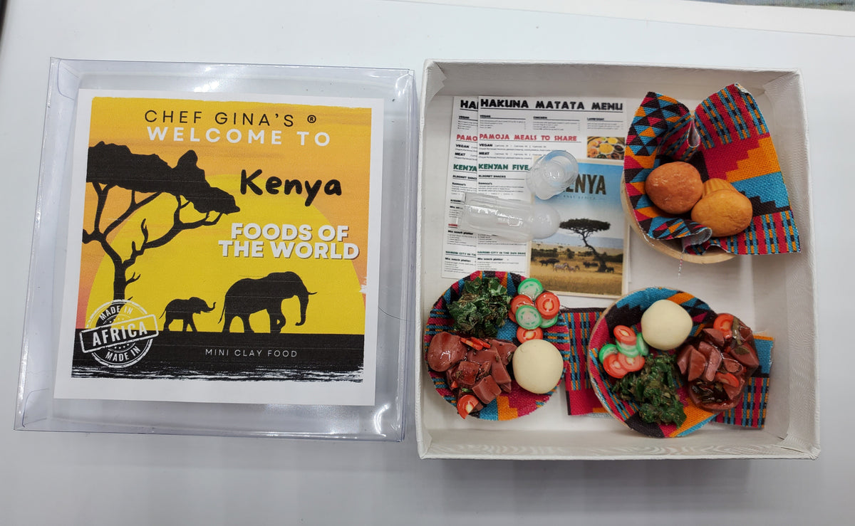 Chef Gina's African Kenya mini food set featuring colorful plates with miniature food and a welcome card