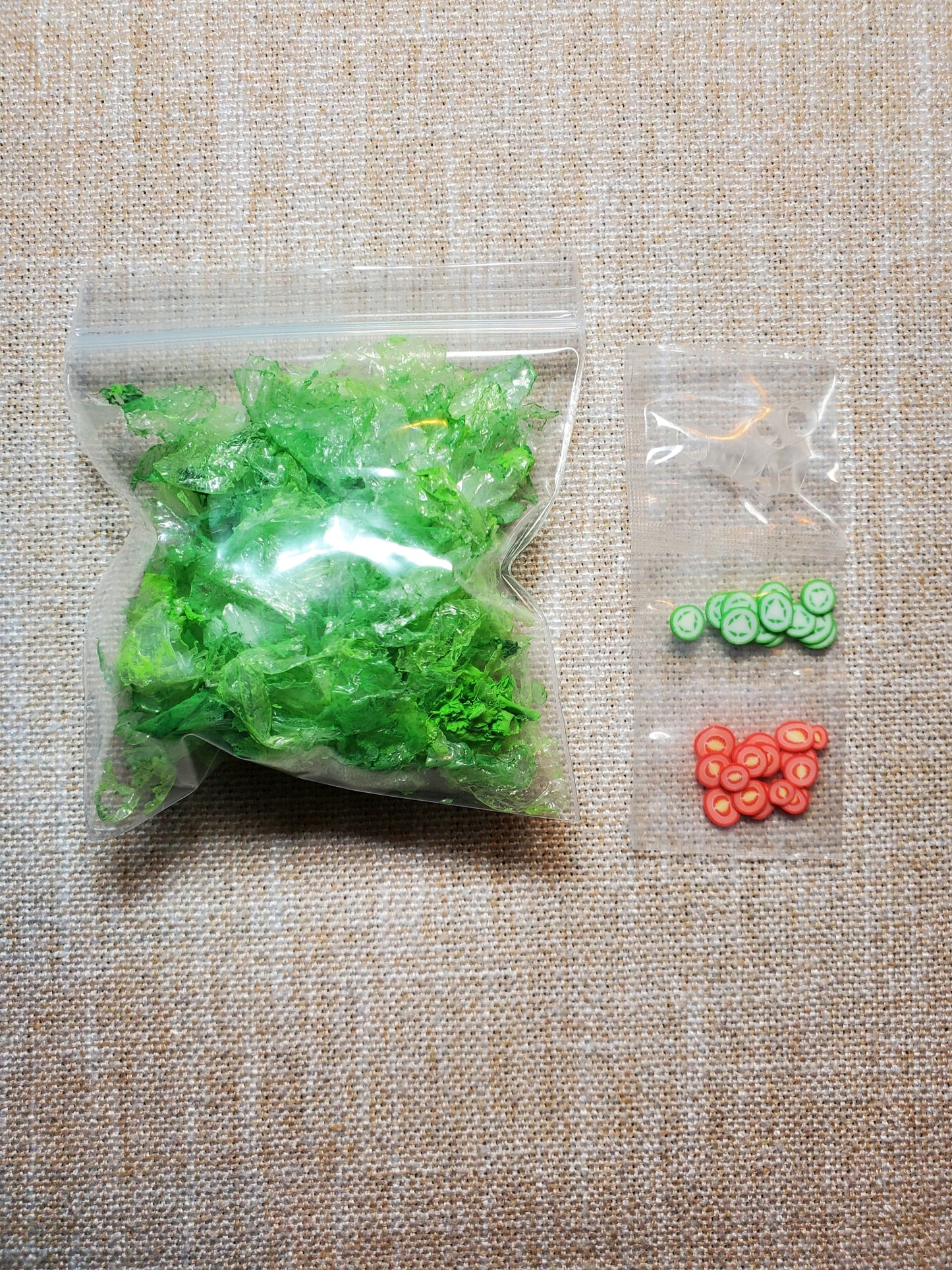 Miniature salad kit for dolls with vibrant green lettuce and tiny sliced vegetables