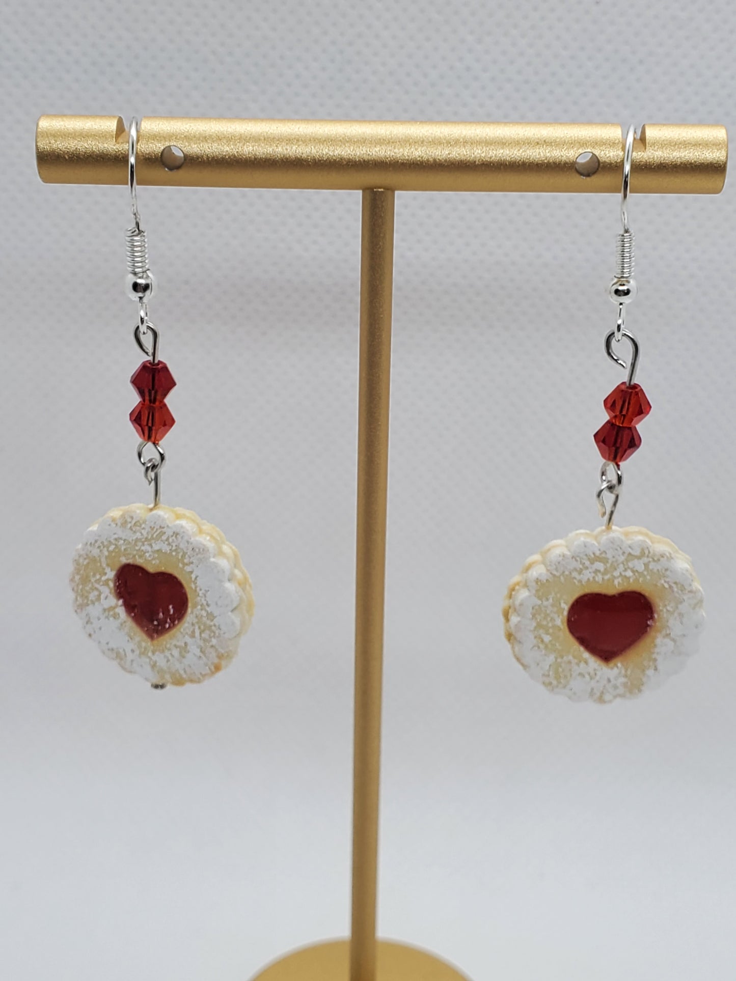 European Linzer cookie dangle earrings with red heart center and decorative red beads by Chef Gina's Mini Food