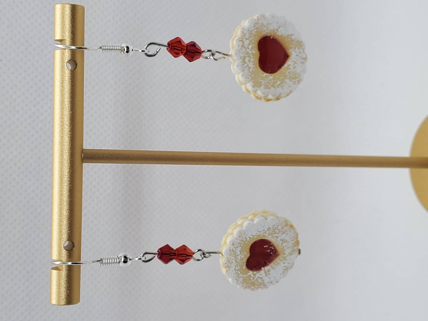European Linzer cookie dangle earrings with red heart center and decorative red beads by Chef Gina's Mini Food