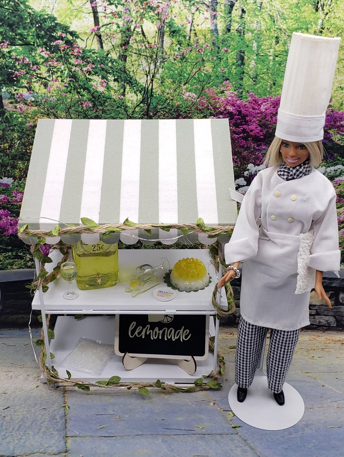 Chef Gina's Mini Food fashion doll size lemonade stand with doll dressed as a chef and lemonade drink
