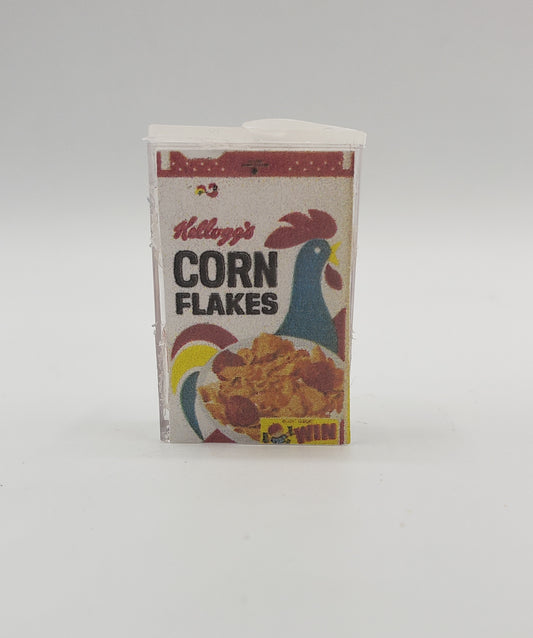 Chef Gina's miniature corn flakes for dolls in a small Kellogg's style box with rooster design