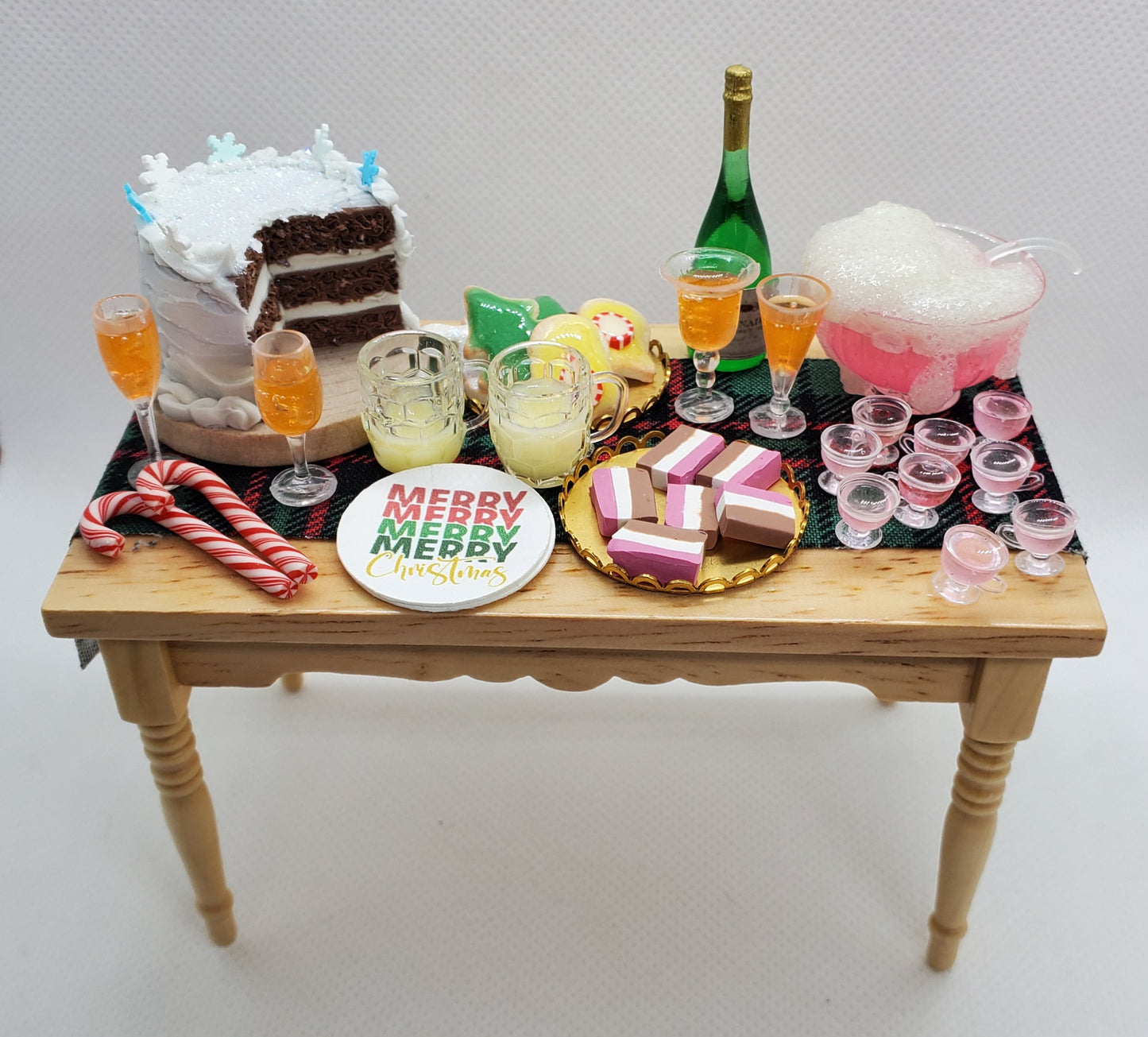 1:12 scale doll furniture wooden table with miniature holiday desserts and drinks by Chef Gina's Mini Food