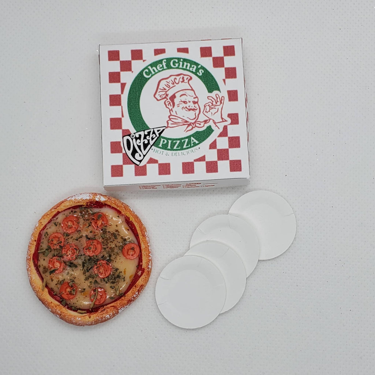 Chef Gina's miniature pizza Fashion doll food set with pizza box and white plates