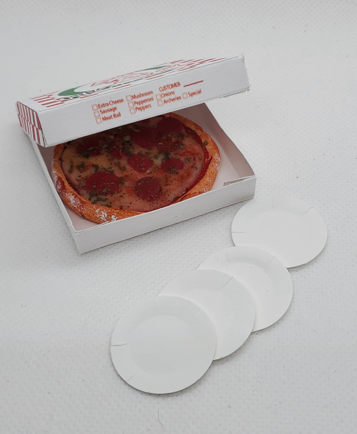 Chef Gina's miniature pizza Fashion doll food with pepperoni in an open white pizza box and round white plates