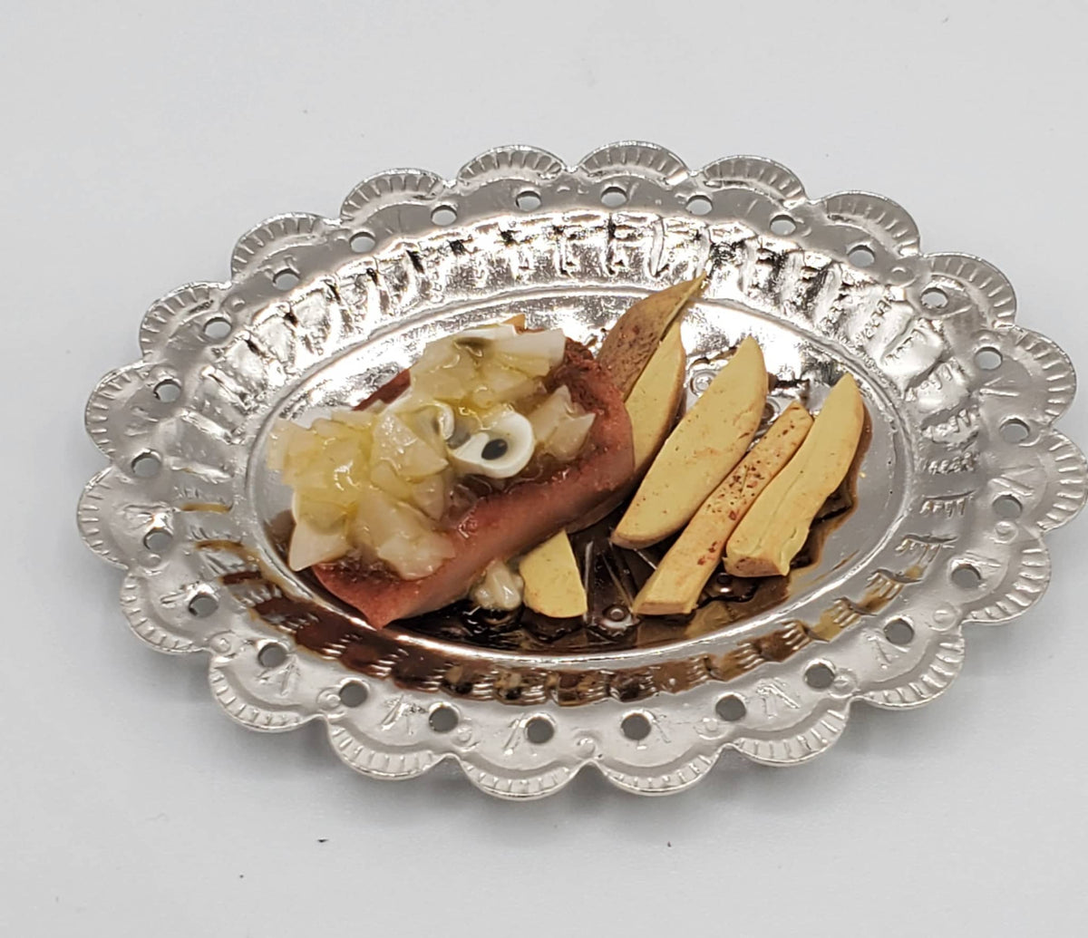 Miniature steak and fries for dolls on a decorative silver platter by Chef Gina's Mini Food