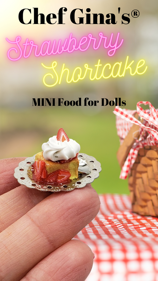 Chef Gina's miniature strawberry shortcake on a small plate held between fingers for doll food