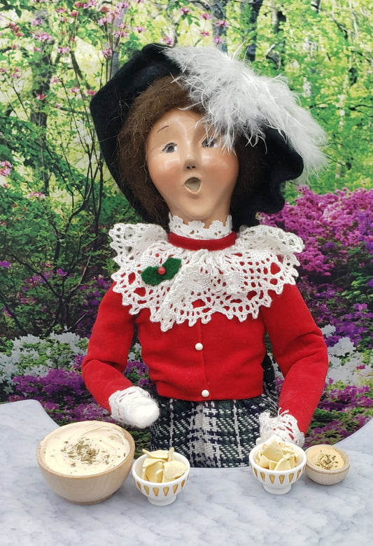 Chef Gina's one sixth scale tortilla chips and dip set with doll wearing vintage red outfit and feathered hat