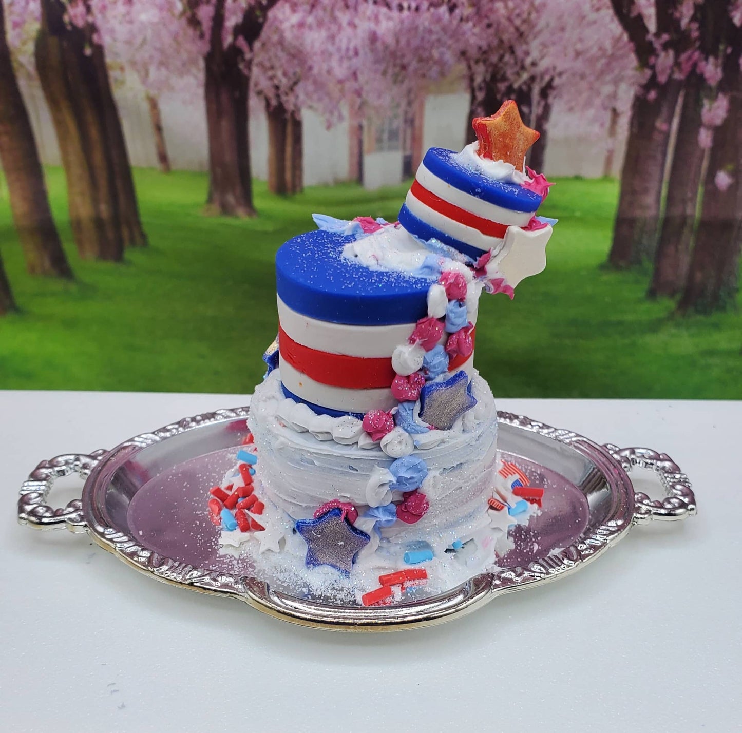 3 layered July 4th Cake Falling Over for 1:6th scale Dolls