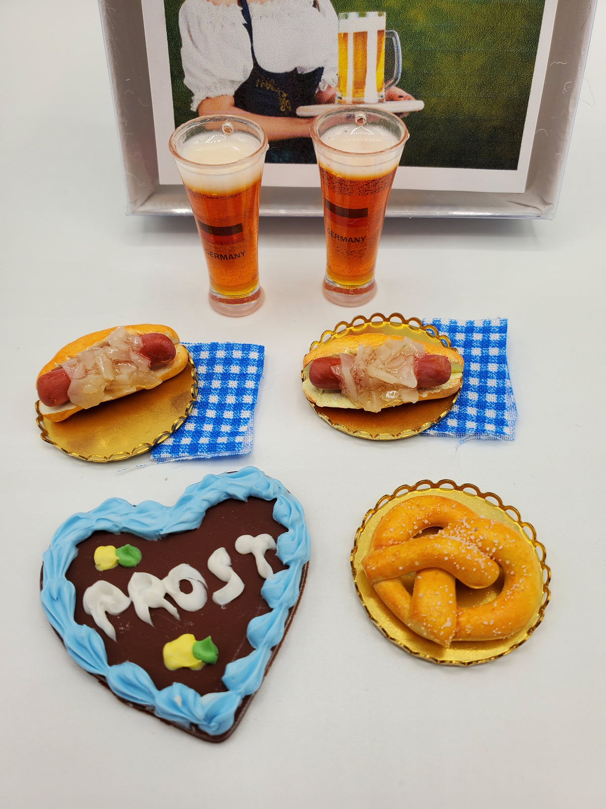 Chef Gina's 1:6 scale Oktoberfest doll food set with mini beers, hot dogs, pretzel, and decorated heart cookie
