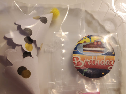 Chef Gina's Mini Food Polka Dot Doll Birthday Set dessert party hat and birthday badge in packaging