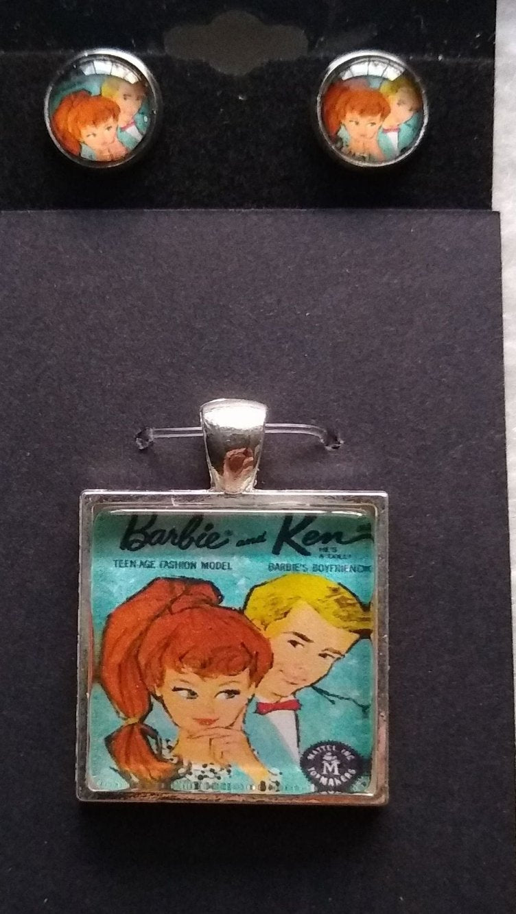 Barbie Ken necklace pendant and matching stud earrings featuring vintage Barbie and Ken comic artwork