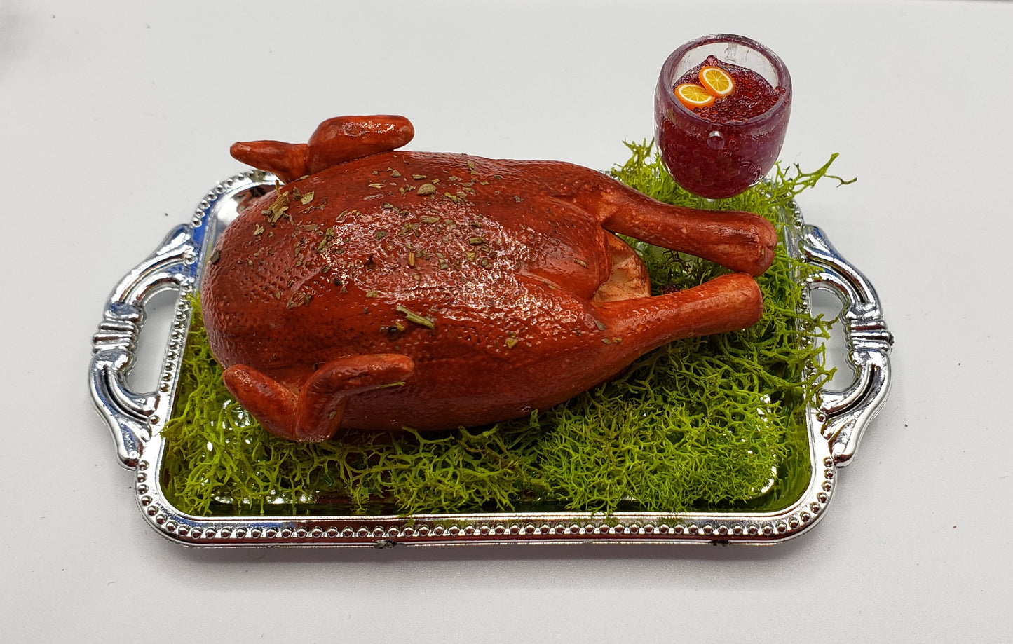 Miniature turkey platter for dolls with roasted turkey and cranberry sauce on silver tray by Chef Gina's Mini Food