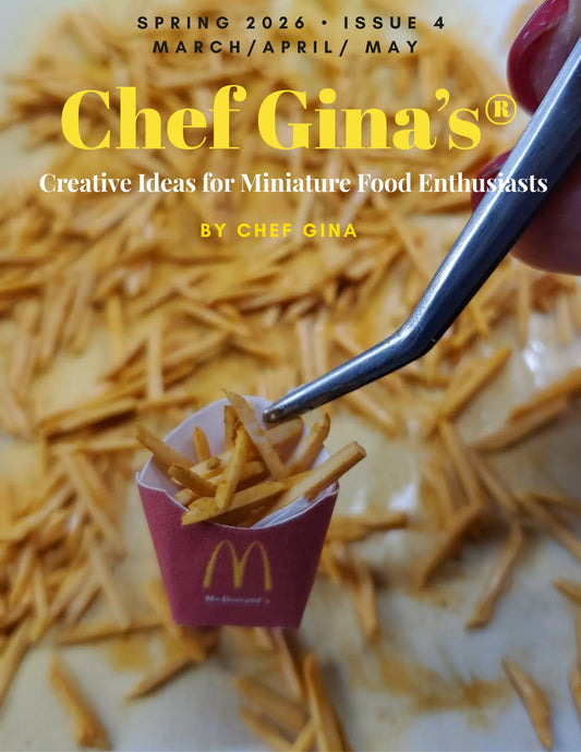 Close-up of handcrafted miniature fries being detailed with tweezers, showing precision clay work and realistic texture at Chef Gina's studio.