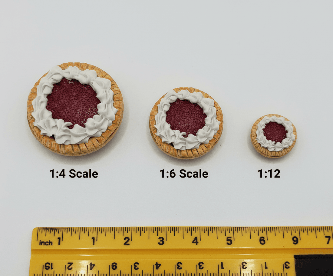 Miniature cherry pie scale comparison showing correct proportions for 1:6 scale doll food by Chef Gina's