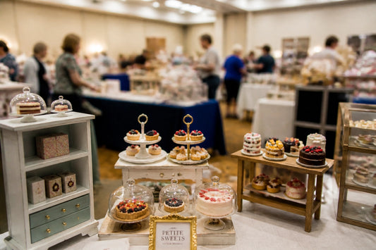 A professional photo of a miniature dollhouse convention floor showing various tables with tiny furniture and accessories.
