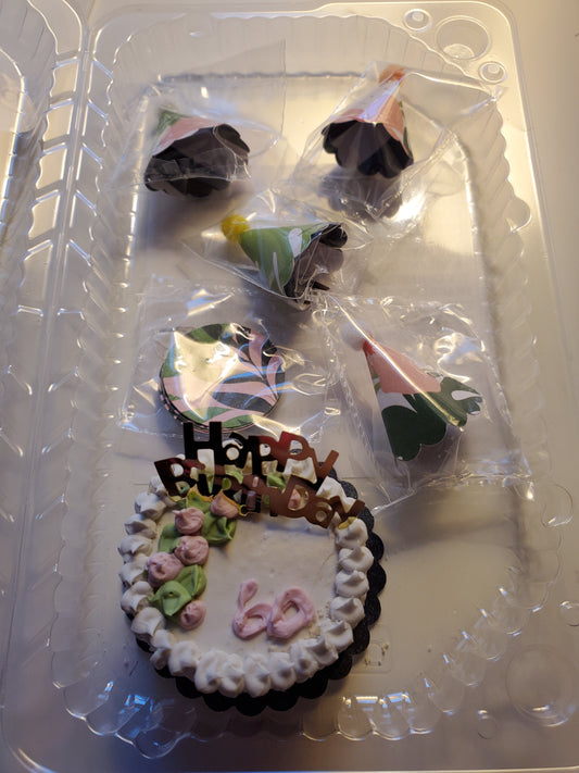 Chef Gina's 60th birthday doll party set mini cake with decorative frosting and party hats