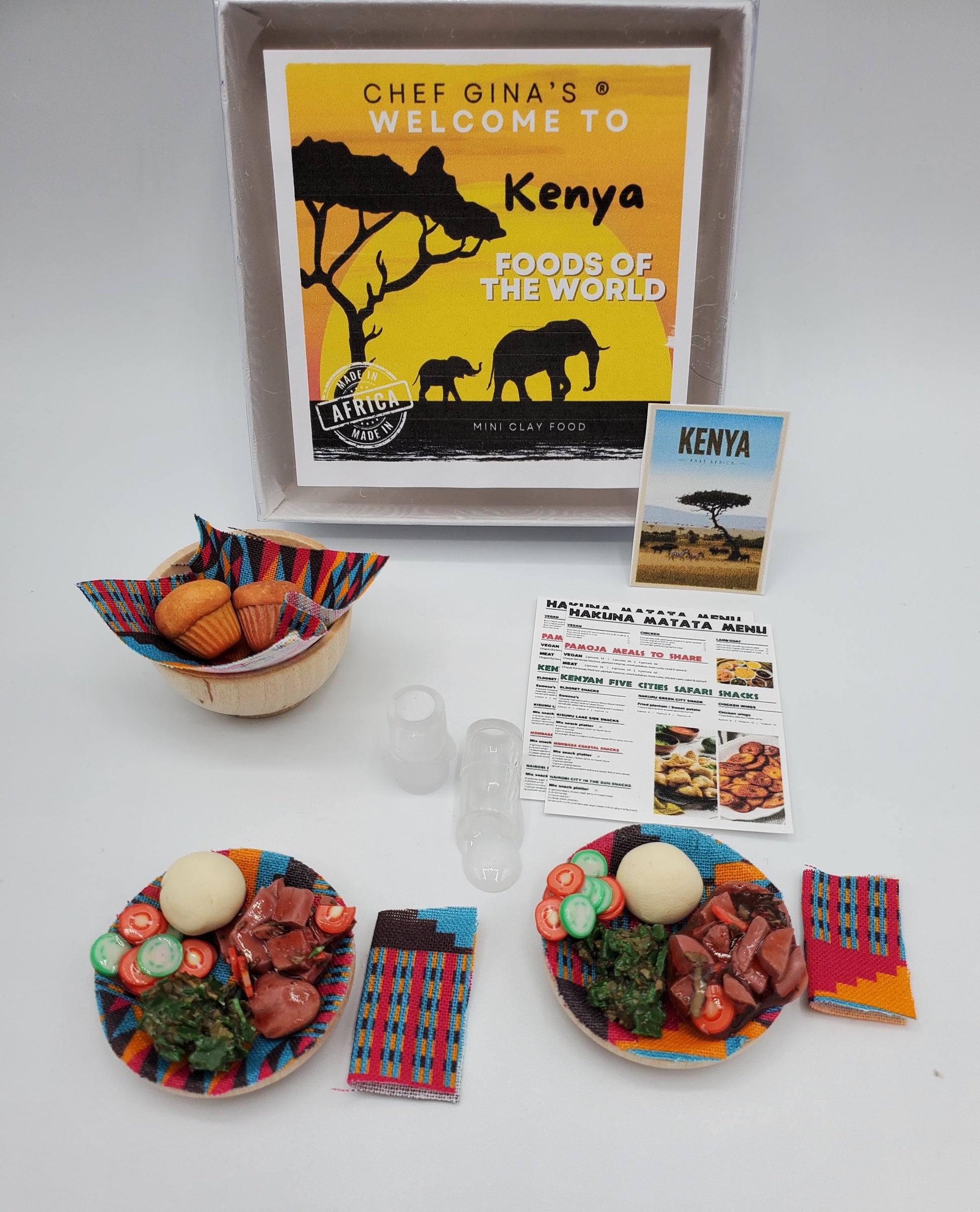 Chef Ginas African Kenya mini food set with miniature clay dishes and colorful fabric accessories