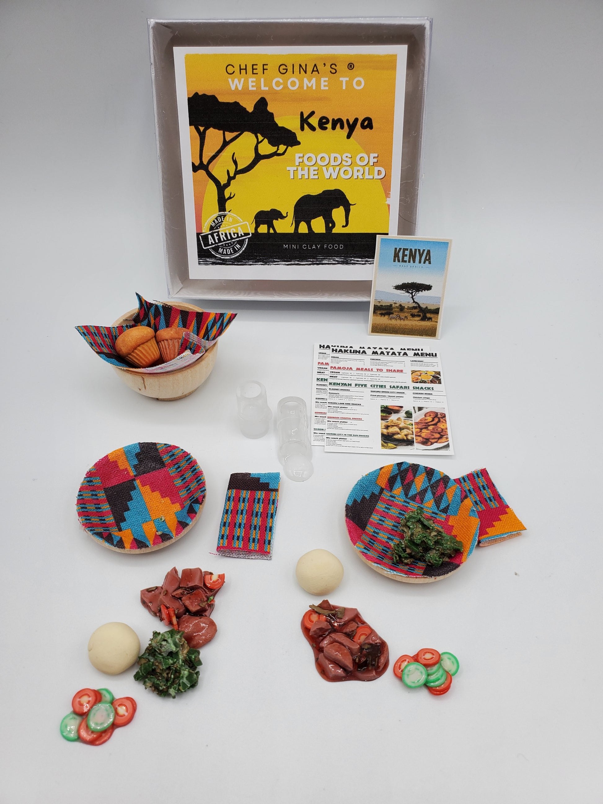 Chef Gina's African Kenya mini food set with miniature traditional Kenyan dishes and colorful accessories