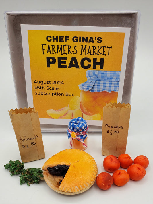 Chef Gina's Farmers Market Peach 1:6 scale doll food subscription box with various miniature foods