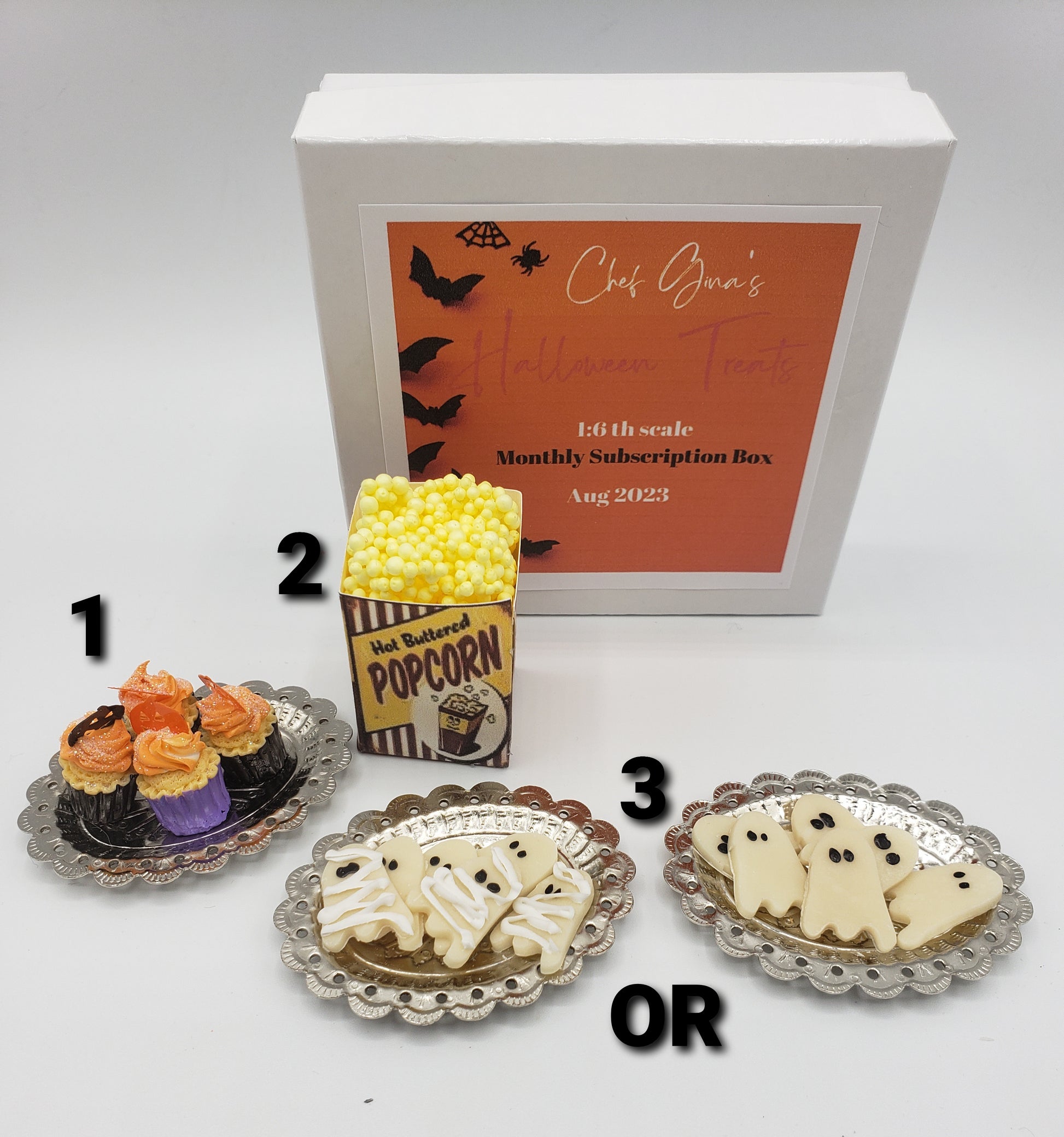 1:6 scale doll food subscription box featuring Halloween-themed treats and snacks