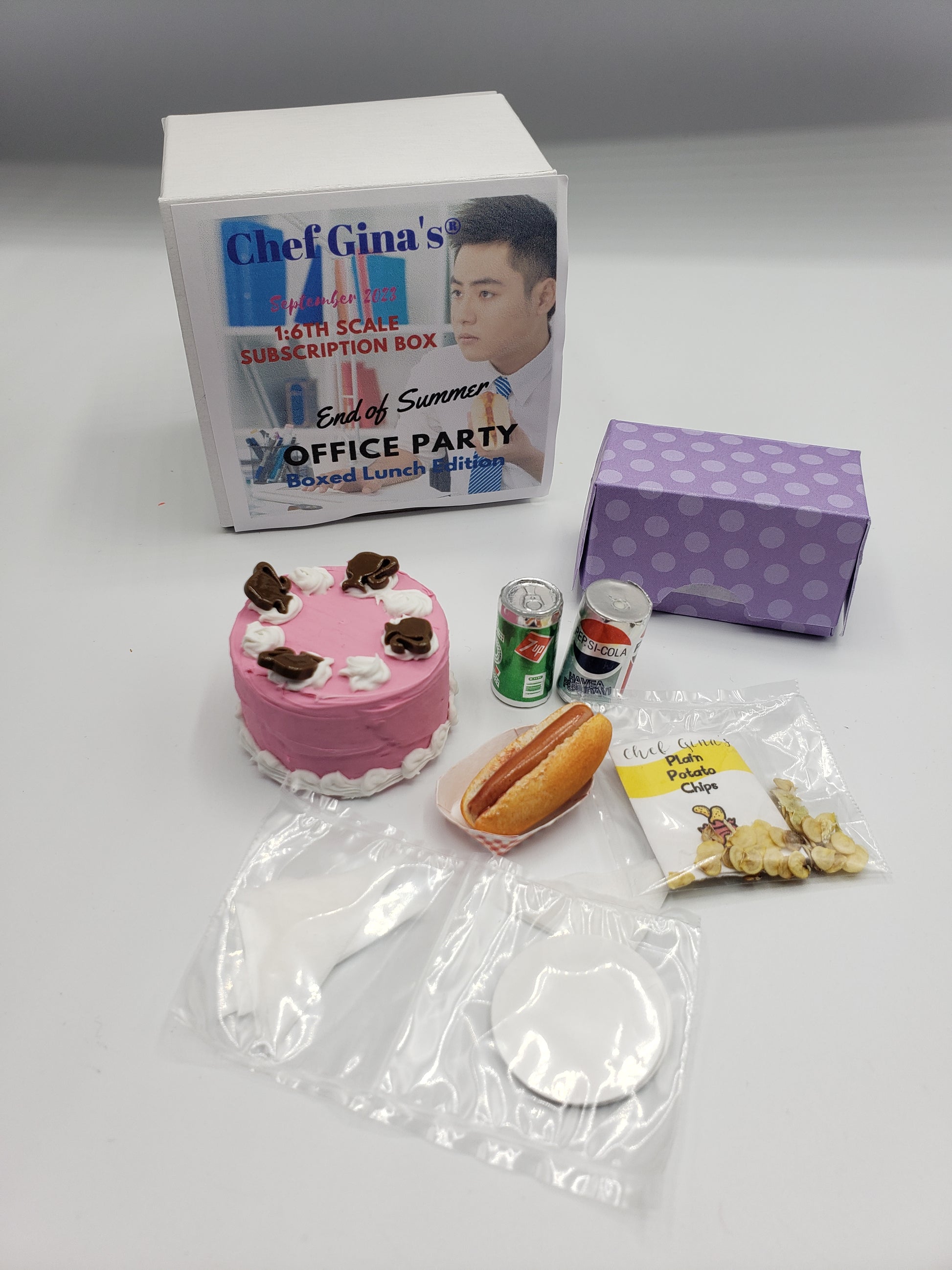 Chef Gina's 1:6 scale doll food subscription box with lunch items, cake, and snacks for doll enthusiasts