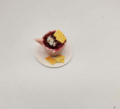 Cup of Chili with Crackers For Dolls miniature food in pink cup with three crackers on white plate