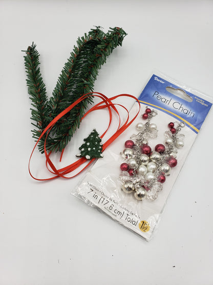 Beginner wreath making kit fashion dolls with green pine branches red ribbon and pearl chain decorations