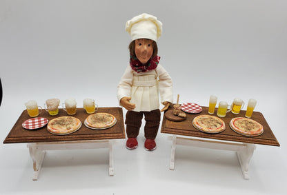 Chef Gina's dollhouse beer and pizza party set featuring miniature pizzas, beer mugs, and a chef doll