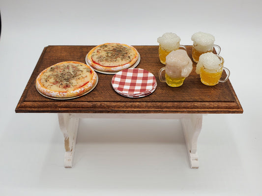 Chef Gina's mini food dollhouse beer and pizza party set with two pizzas four beer mugs and plates on wooden table