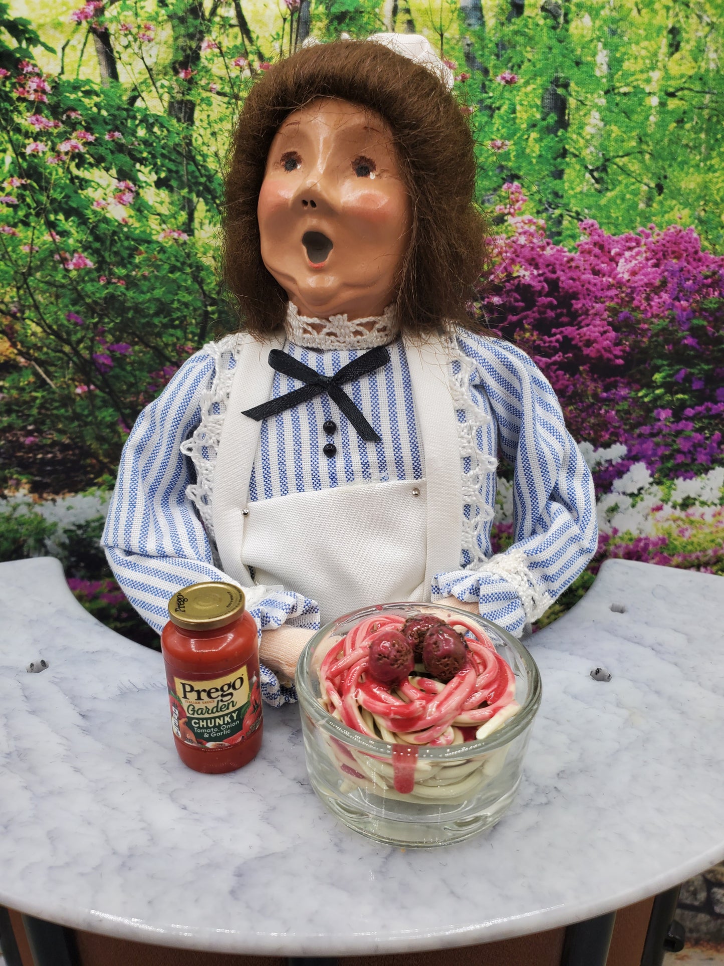 1:4th scale Spaghetti and Meatballs for dolls displayed with miniature jar of sauce by Chef Ginas Mini Food