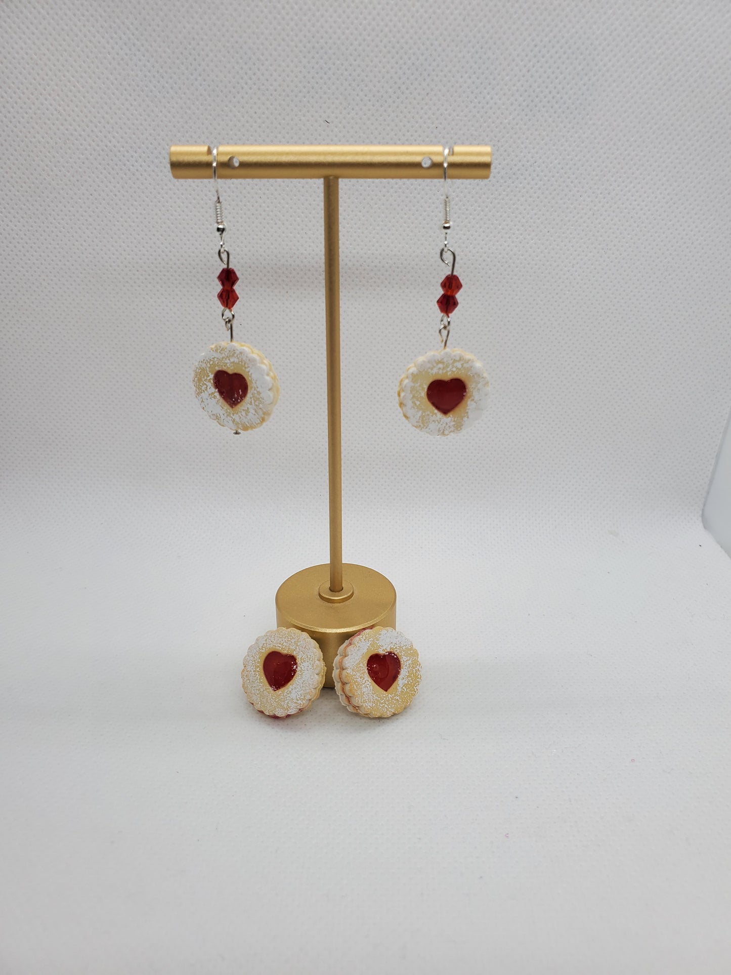 Chef Gina's European Linzer cookie dangle earrings with red heart and matching stud earrings