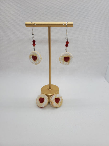 Chef Gina's European Linzer cookie dangle earrings with red heart and matching stud earrings