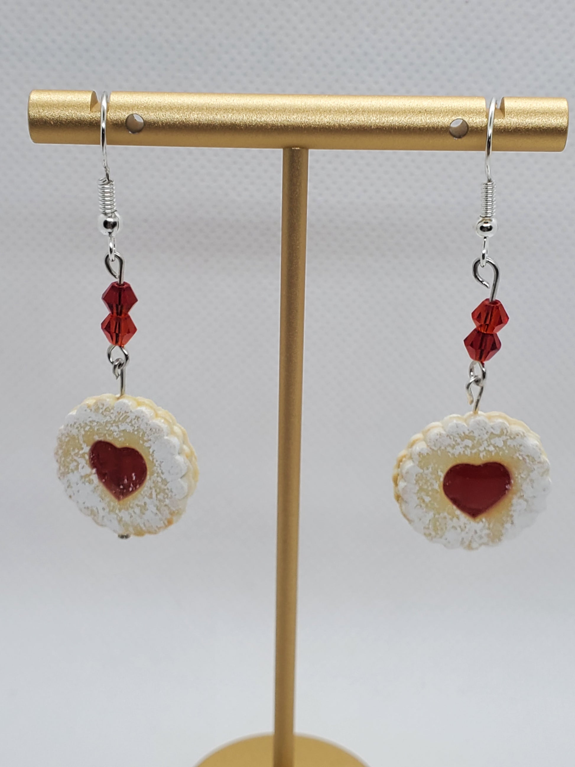 European Linzer cookie dangle earrings with red heart center and decorative red beads by Chef Gina's Mini Food