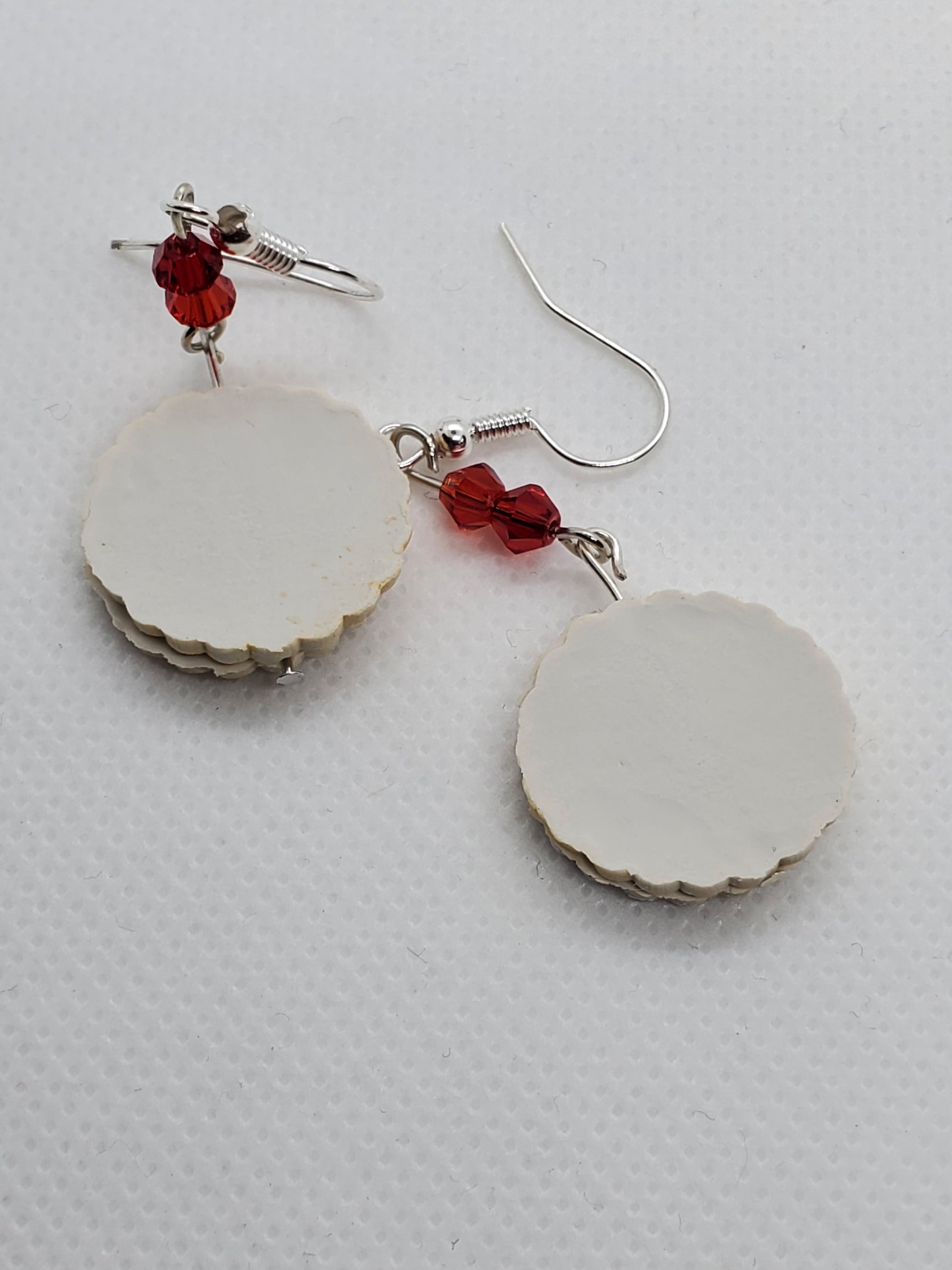 Chef Gina's Mini Food European Linzer cookie dangle earrings with red bead accents on silver hooks