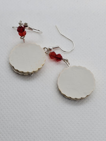 Chef Gina's Mini Food European Linzer cookie dangle earrings with red bead accents on silver hooks