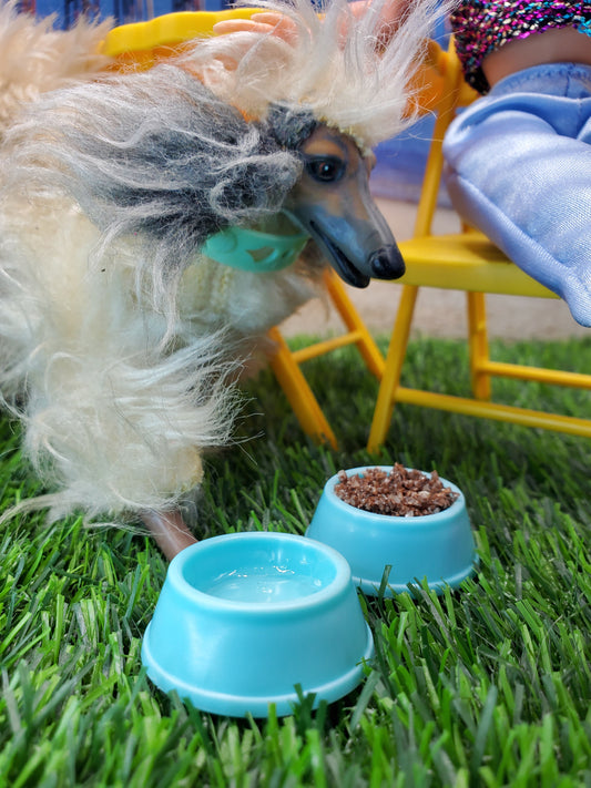 Chef Gina's Mini Food fashion doll dog food bowls in blue with realistic pet food and water
