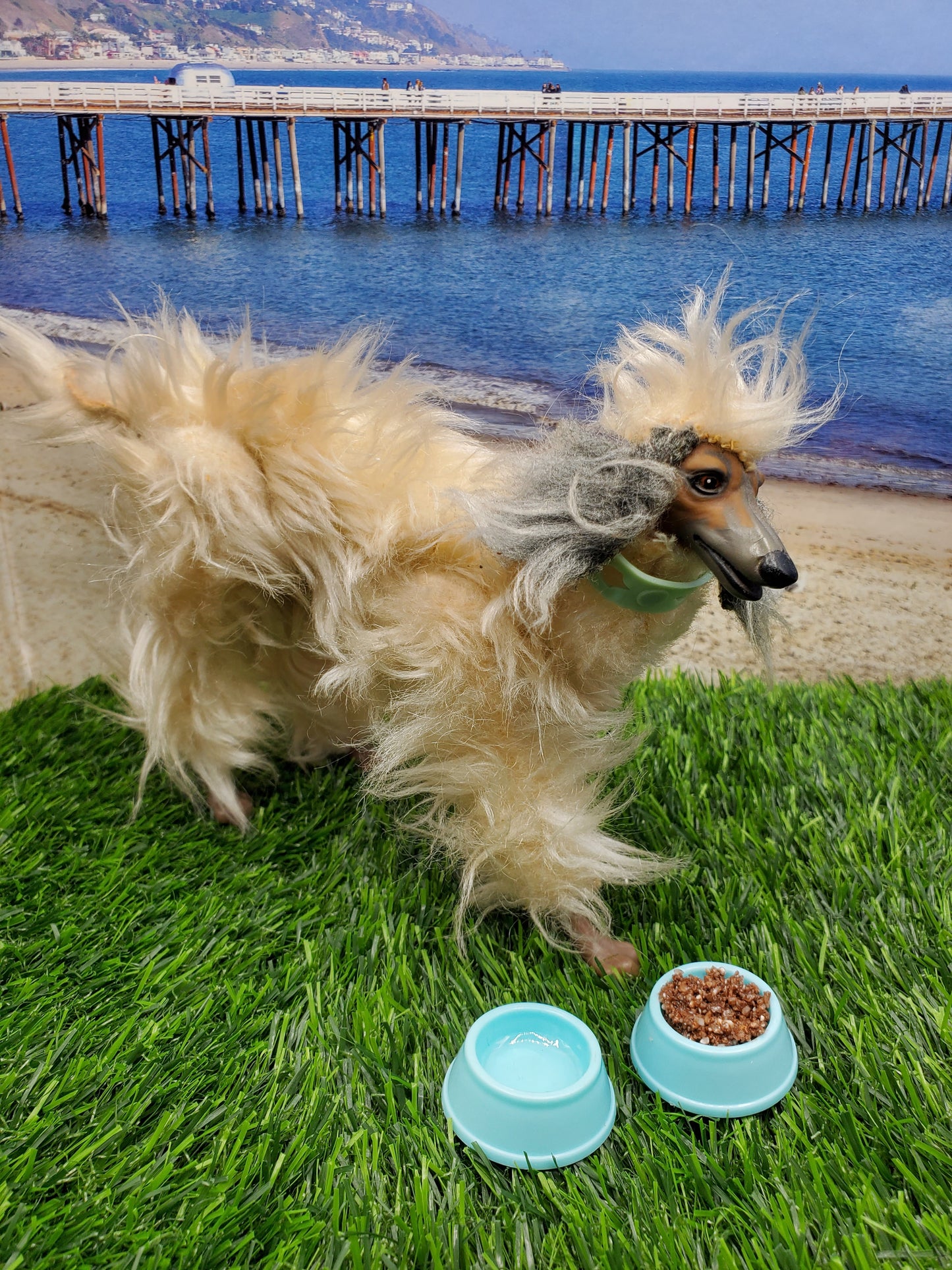 Chef Gina's Mini Food fashion doll dog food bowls in turquoise with a playful dog figure outdoors