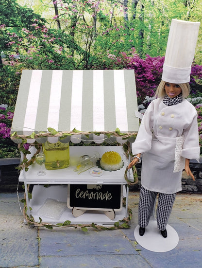 Chef Gina's Mini Food fashion doll size lemonade stand with doll dressed as a chef and lemonade drink