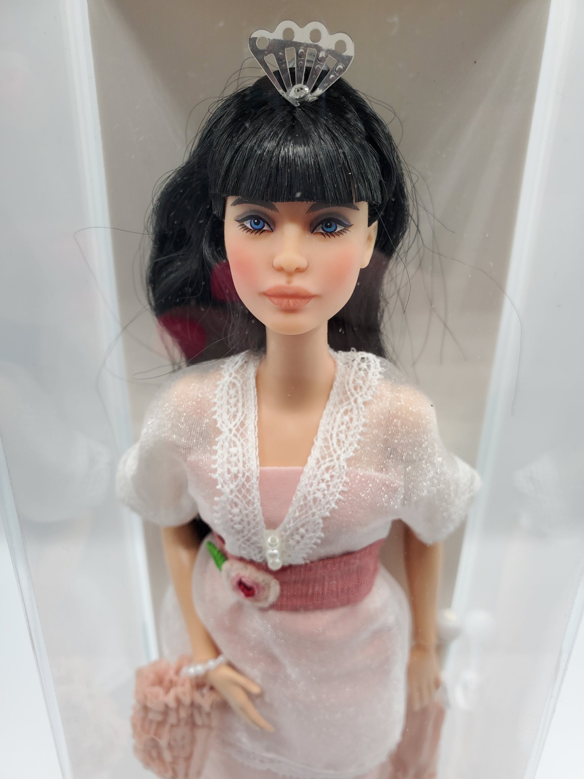 Grant A Wish Barbie doll Angie Gill wearing a white lace dress and silver tiara accessory