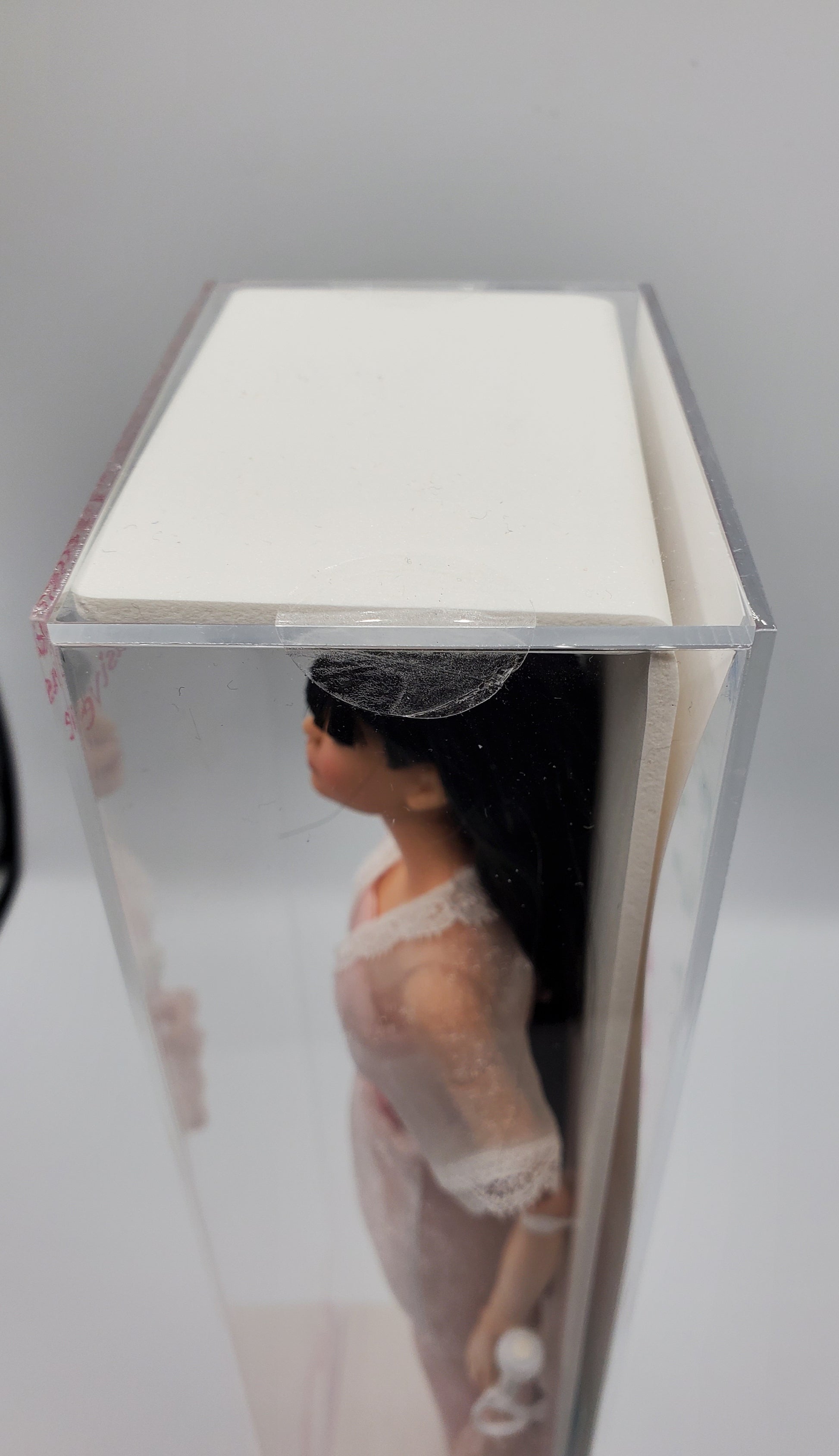 Chef Gina's Mini Food Grant A Wish Barbie doll Angie Gill in protective clear display case with black hair and white outfit