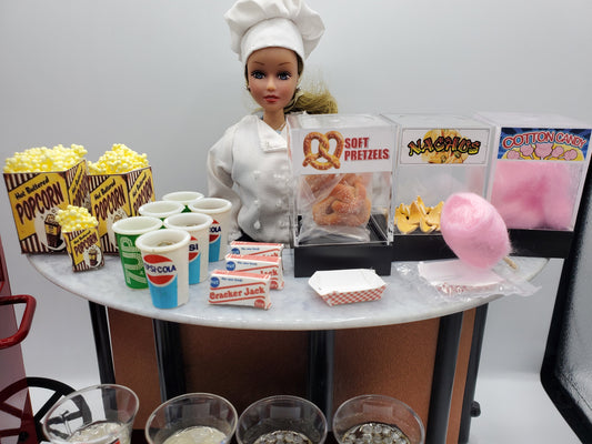 Chef Gina's handmade doll drink miniatures with popcorn, soft pretzels, and cotton candy accessories