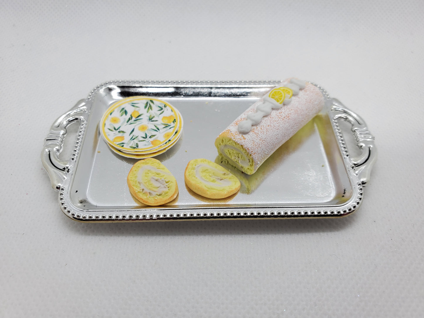 Chef Gina's Mini Food Lemon Sponge Rolls for Dolls on a Silver Tray with Decorative Plates