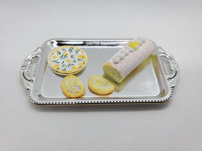 Chef Gina's Mini Food Lemon Sponge Rolls for Dolls on a Silver Tray with Decorative Plates