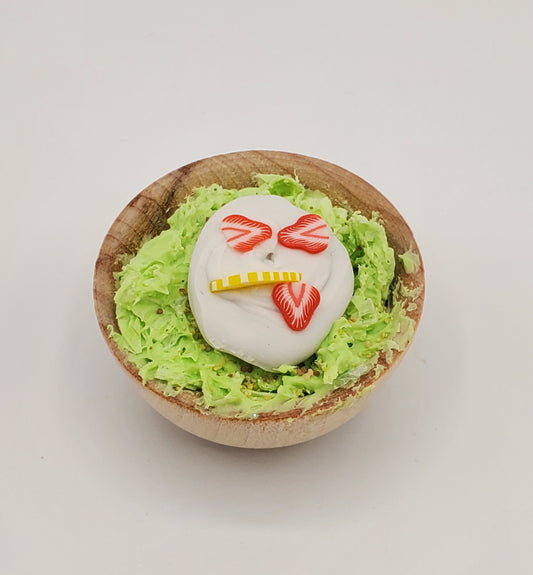 Chef Gina's mini pistachio dessert for dolls with green salad and heart decorations in wooden bowl