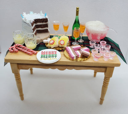 1:12 scale doll furniture wooden table with miniature holiday desserts and drinks by Chef Gina's