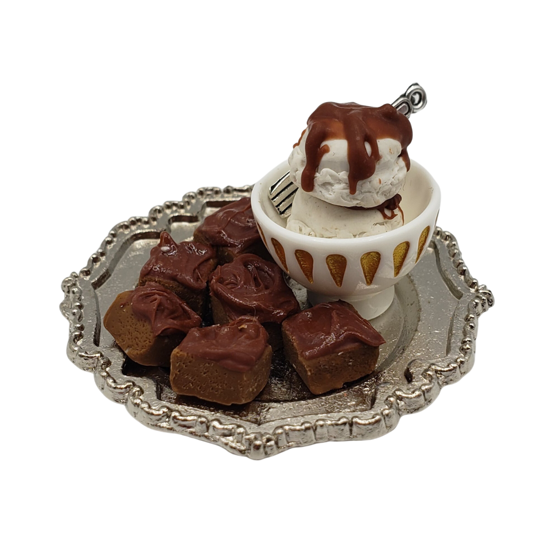 Chef Gina's miniature brownies for dolls with chocolate frosting on silver tray and ice cream dessert