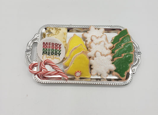 Miniature Christmas cookies for dolls on a silver tray including candy canes and festive shapes by Chef Gina's